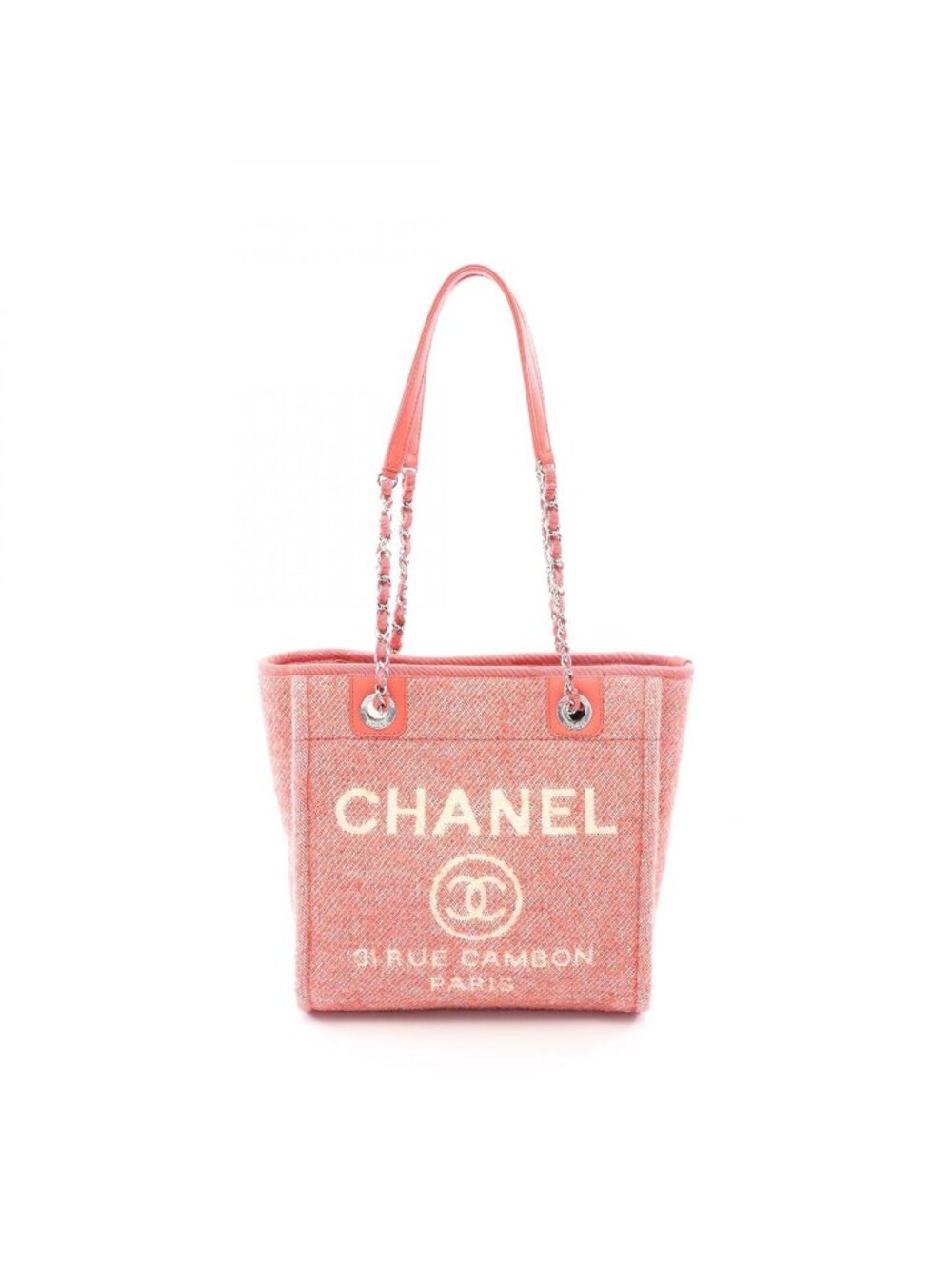 Chanel Tote Bag Deauville PM Pink Ivory Canvas Leather 2-Way Chain PM